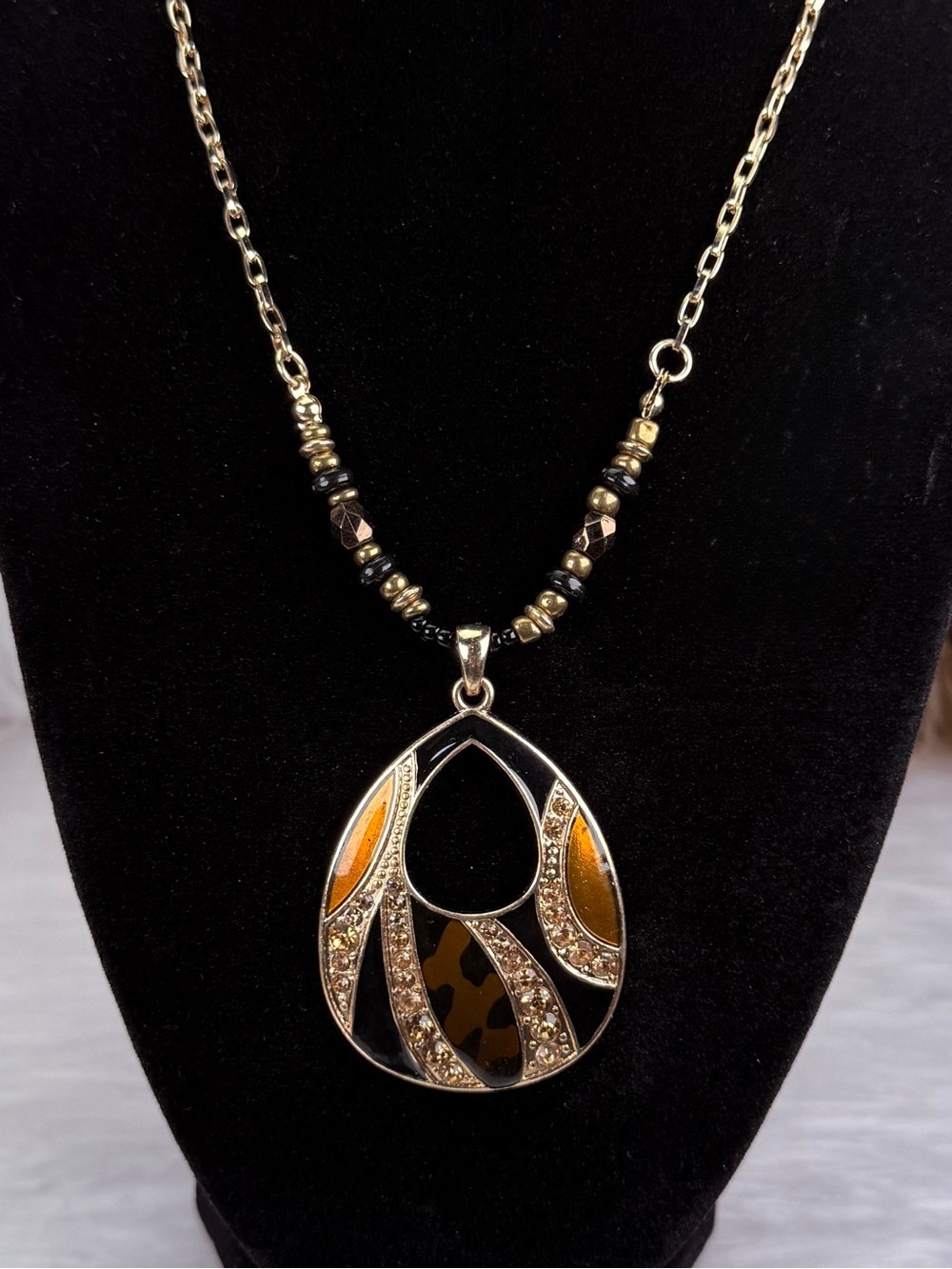 Gold Tone Art Deco Teardrop Pendant Necklace Enamel Rhinestone Animal Print